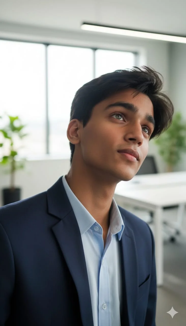 Portrait of Mohammed Hashmi Ansari in a modern office, wearing a navy blazer, looking ahead